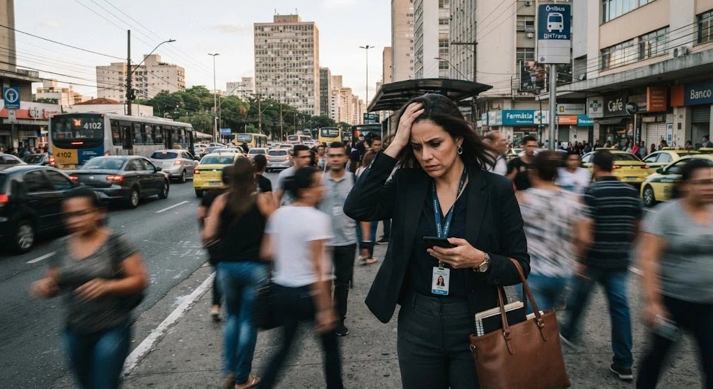 Mulher em uma calçada movimentada do centro de Belo Horizonte, com a mão na cabeça e o celular na mão, em meio ao trânsito e à multidão