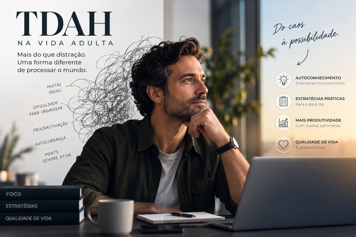 Homem adulto pensativo diante do notebook, com ilustração de pensamentos acelerados e o texto: TDAH na vida adulta